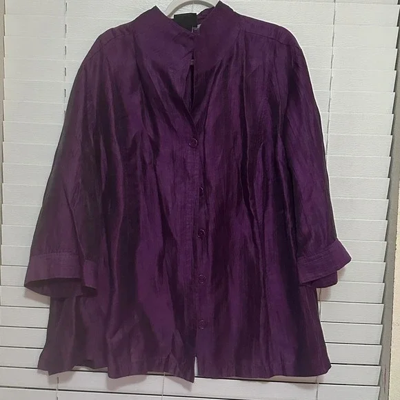 Maggie Barnes Purple Linen Blend Crinkle Button Up Blouse Plus Size 4X 30/32W - Picture 1 of 3